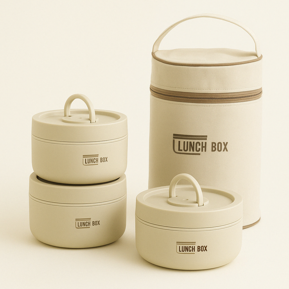 3 Boîtes Alimentaires Empilables Beige avec Sac