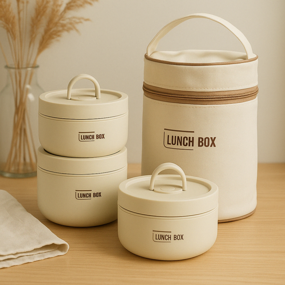 3 Boîtes Alimentaires Empilables Beige avec Sac